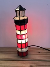 Vtg Signed Meyda Tiffany Stained Glass Lighthouse Accent Lamp 9.5" RED BLACK