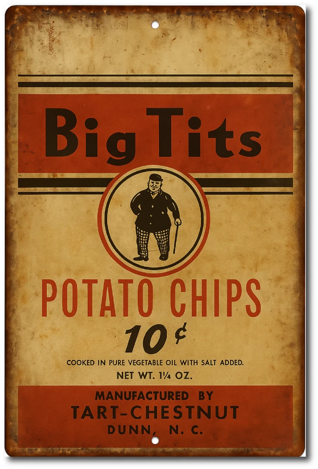 Funny Metal Tin Sign Big Tits Potato Chips Rustic Vintage Bar Workshop Garage - Image 3 of 4