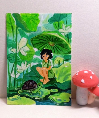 Original ACEO Painting OOAK Acrylic Miniature Anime Girl Turtle Lily Pad Art