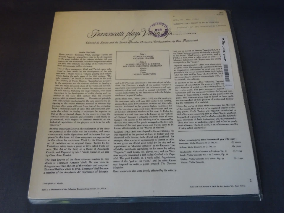 FRANCESCATTI PLAYS VIOLIN SPECTACULARS (PAGANINI / TARTINI etc) LP, CBS 72560 - Image 2 of 4
