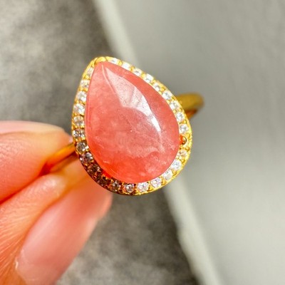925 Sterling Silber Ring 10x7mm natürlicher Rhodochrosit Zirkon 14K vergoldet NEU