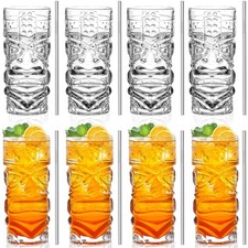 Tiki Cocktailgläser Set 8-14oz, Strohalm, robust, spülmaschinenfest, Hawaii Stil