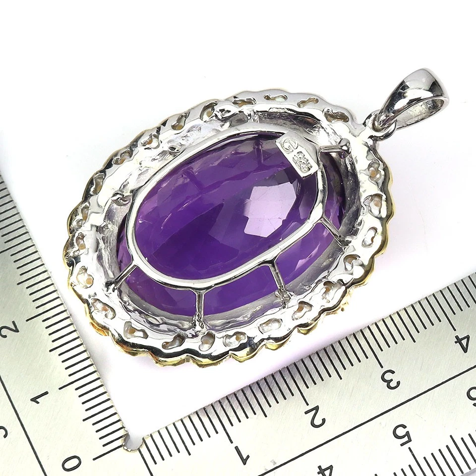 925 Pendente Argento Sterling Ovale Ametista 79ct Perla Fatto a Mano Gemma Gioie - Immagine 3 di 4
