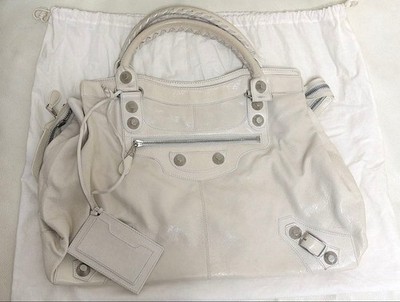 BALENCIAGA Giant City White Leather Handbag Large Travel Silver 