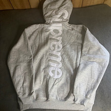 Men’s Gray Pullover Hoodie Size L Cotton Fleece Logo Pockets Drawstring
