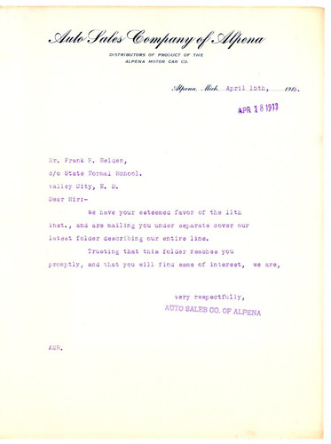 Auto Sales Company of Alpena Alpena Motor Car Co Alpena Michigan 1913 letter