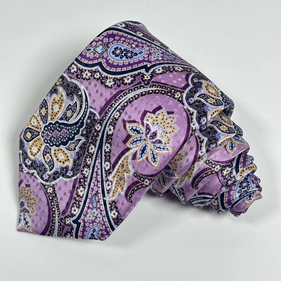 Nordstrom Men Tie 100% Silk Paisley Purple Gold Floral Handmade Necktie 3.2 x 60 - Image 3 of 4