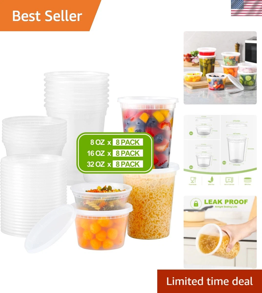 24 Sets Plastic Deli Food Containers With Lids, 8 oz 16oz 32oz Variety pack, ...