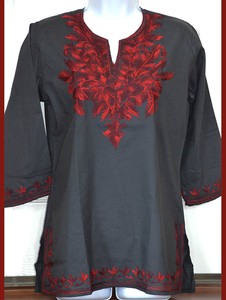 Cotton-Tunic-Top-Kurti-Blouse-Black-Color-with-Red-Embroidery-from-India