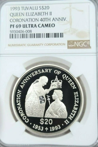1993 TUVALU SILVER 20 DOLLARS QUEEN ELIZABETH II ANNIV NGC PF 69 ULTRA CAMEO TOP