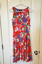 NWT $95 Chaps Dress RED Purple PINK Floral V-Neck Empire Waist RESORT Size XS