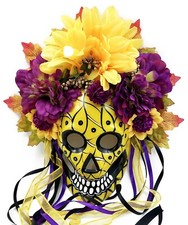 Day of the Dead Mask Dia de los Muertos Yellow Grin and Streamers Papier Mache'