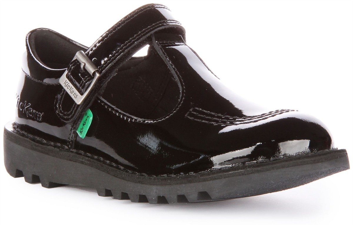 Kickers Kick T Bar Leather Strap School Shoes Mary Jane Black Kids