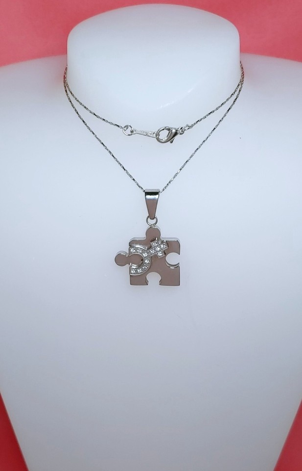 Necklace Puzzle Pendant Rhinestone Symbol w Chain 18K Gold Plated and