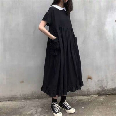 Gothic Black Dress Women Peter Pan Collar Pullover Lolita Kawaii Mori Girl Party