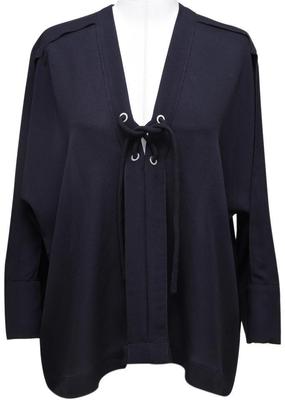 IRO Blouse Tunic Shirt Navy Blue Silk Sheer Lace-Up 3/4 Sleeve 40