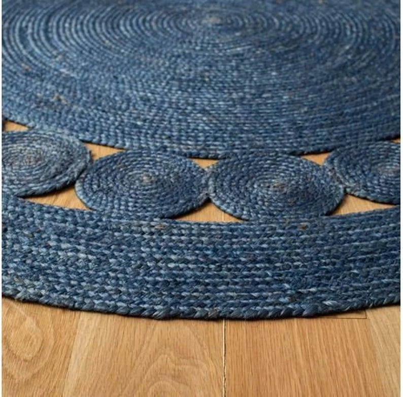 Jute Rug Round Blue Circle Design Farmhouse Area Rug Rustic Look Rug Boho Rug - Image 3 of 4