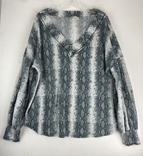 Bibi Womens Long Sleeve Waffle Gray White V-Neck Striped Top Size XL