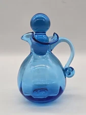 Vintage Cruet Blue Rainbow Glass Optic With Single Ball Stopper Oil Vinegar ...