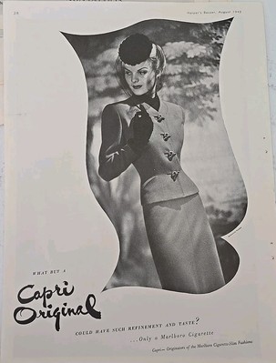 capri cigarettes vs marlboro 1943 women's Capri Original Dress Marlboro Cigarette Slim Fashions Vintage  ad