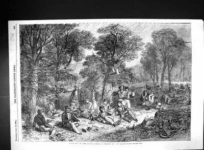 Alter Druck 1856 Picknick Ostsee Flotte Siers Offiziere Landschaft Carmichael 19.