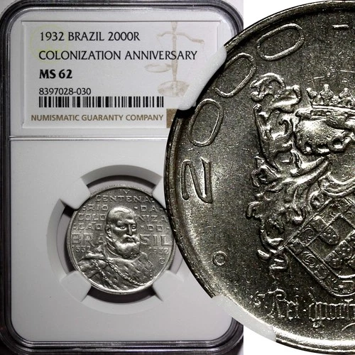 BRAZIL Silver 1932 2000 Reis NGC MS62 400th Anniversary of Colonization KM#532/0