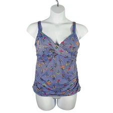 Lands End Tankini Top Womens 14 Blue Gingham Floral Shelf Bra Swim Separate