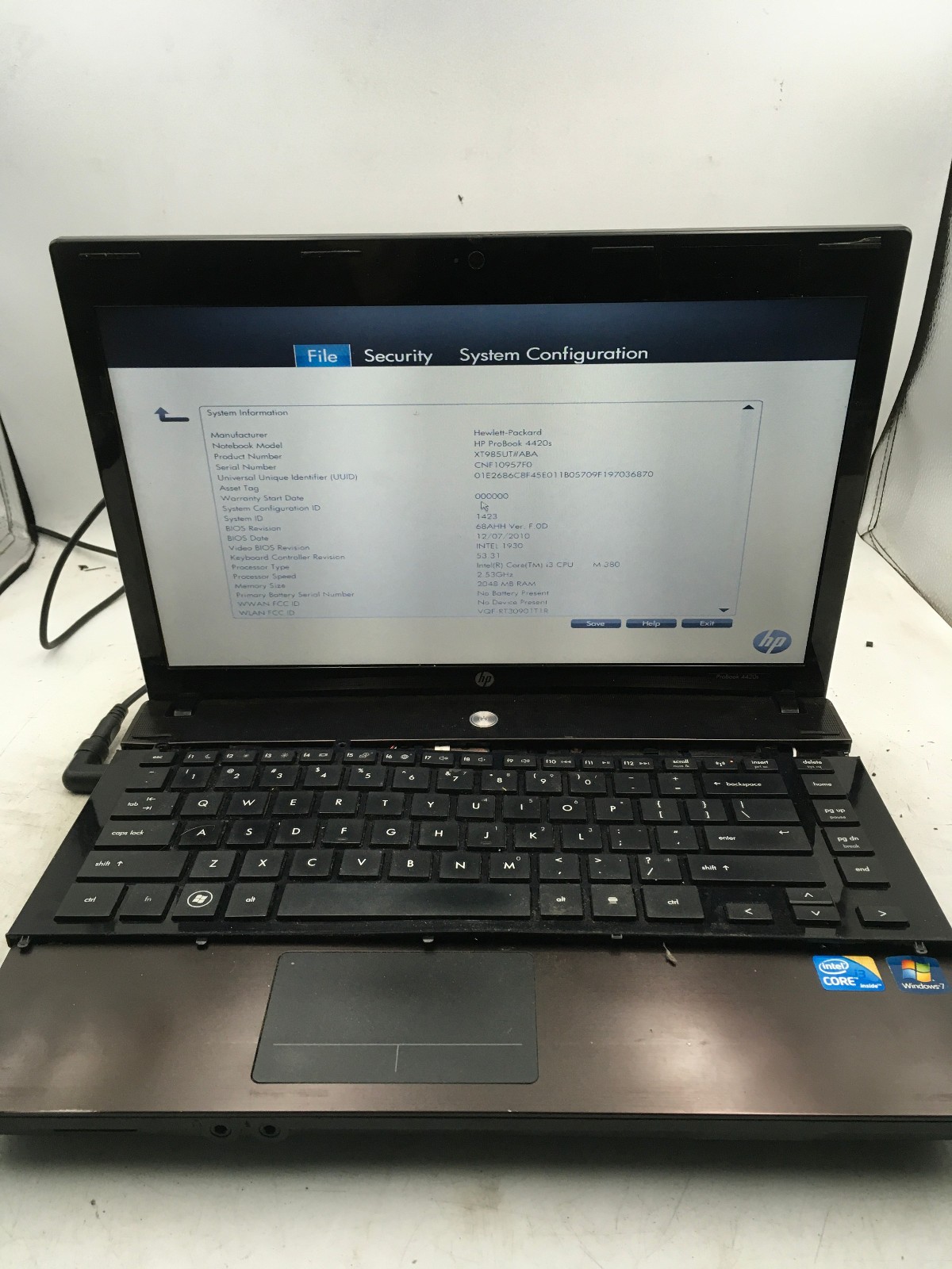 HP PROBOOK 4420S - BOOTS TO BIOS - INTEL I3 M380 - NO RAM - READ DESCRIP - BB