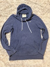 Hollister Men's Knit Pullover Hoodie Blue Drawstring Logo Pockets Size M