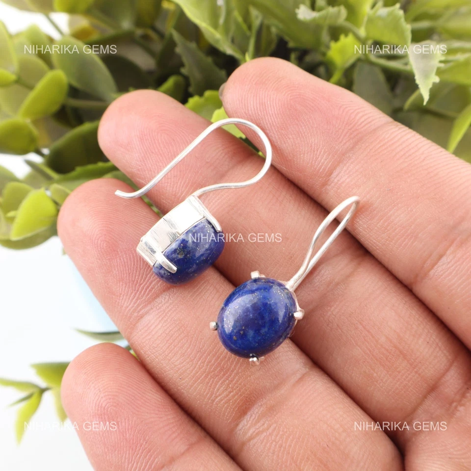 Ovale Naturale Lapislazzuli Pendenti Settembre Orecchini Gioielli Argento - Immagine 4 di 4