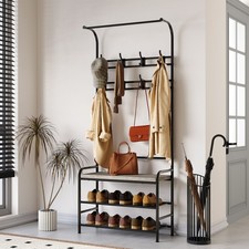 Narrow Hall Tree Storage Bench 4-in-1 Coat Rack with 3-Tier Shelf and 8 Hooks
