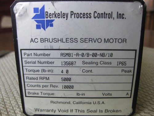 Berkeley Process Control ASM81-A-0/B-00-NB/10 AC Brushless Servo Motor USA Made - Picture 2 of 3