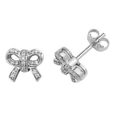 9ct White Gold Round Brilliant Cut Diamond Illusion Set Open Bow Stud Earrings