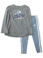 Adidas Girls 2pc Outfit Long Gray Tee Shirt  Blue Athletic Pants Set 4