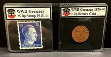 Vintage Germany 1 Reichspfennig Coin & 25 Rp WWII Stamp (1936-1944) in Sleeve