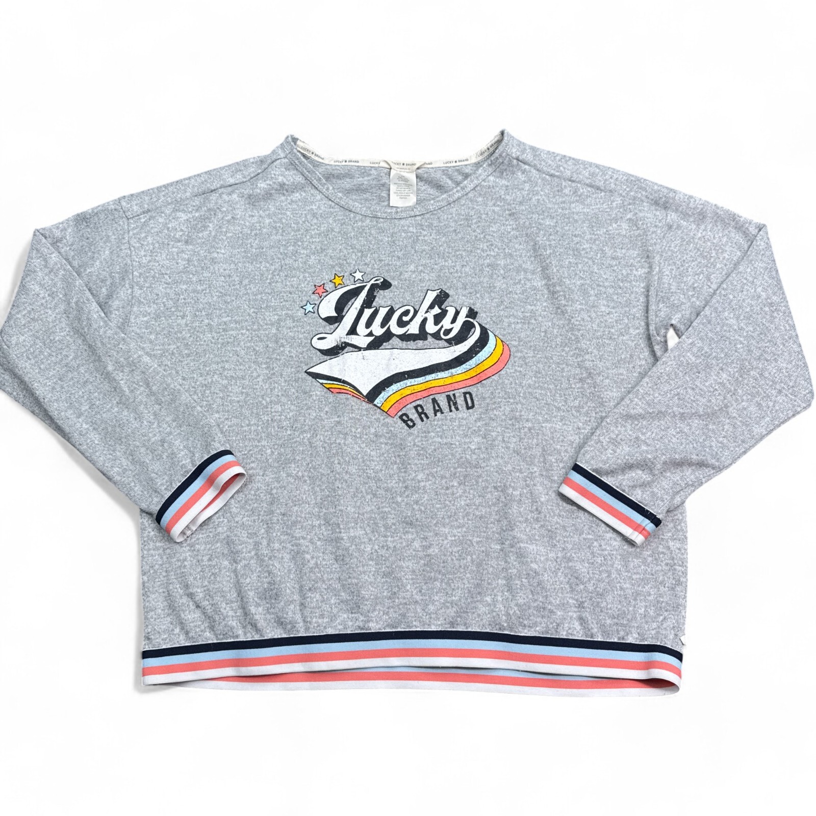 Lucky Brand Sweater Womens Size Medium Gray Knit Pullover Retro Logo