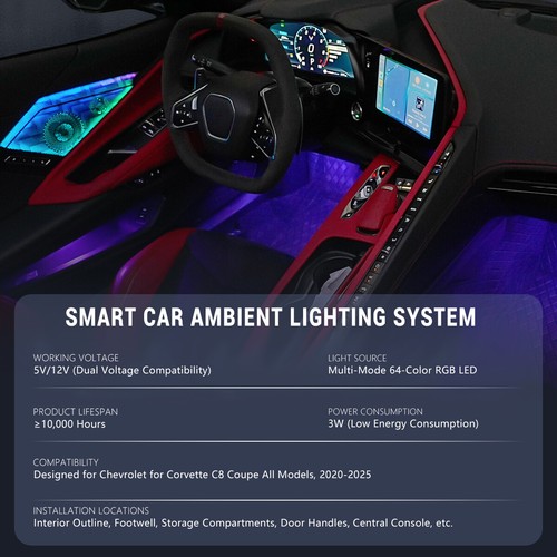 For Corvette C8 Coupe 2020-25 Car Ambient Lighting System Smartphone App Control - Foto 5 di 16