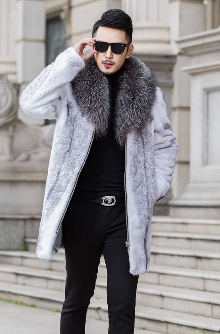 Mens Mid-length Mink Coat Full Mink Fox Fur Collar Coat Fur
