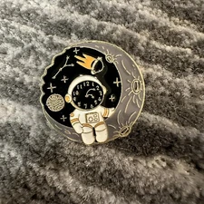 Enamel Pin Astronaut Space Brooch Lapel Backpack Clock Face Moon Sky Rocket Man