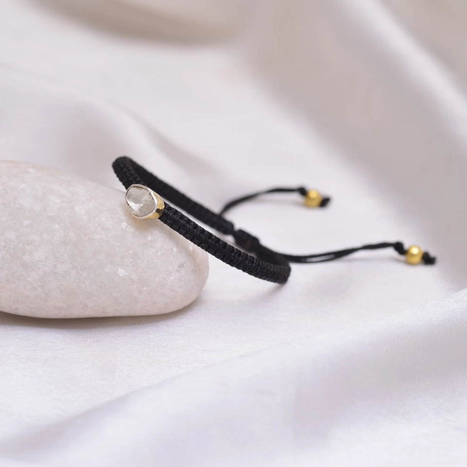 Brazalete ajustable trenzado hilo macramé negro diamante plata de ley 925 Foto 3 de 4