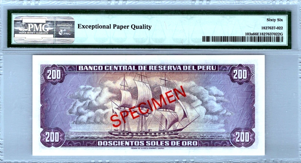 Peru 200 Soles 1969 - 1974 PMG 66 EPQ GEM UNC " SPECIMEN " Pick # 103s - Image 2 of 3
