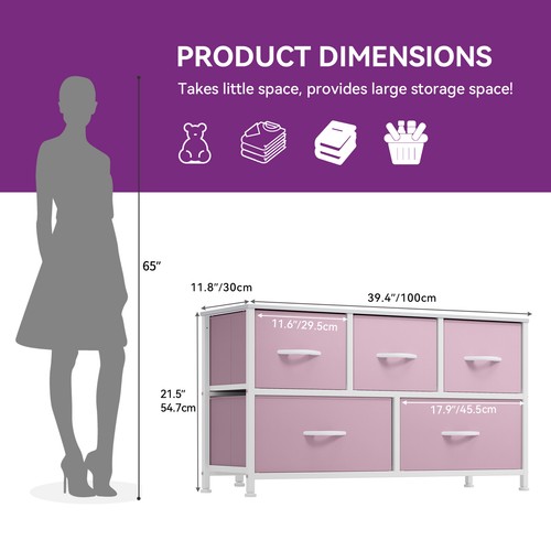 Ultym 5 Drawers Dresser Chest of Drawers Fabric Storage Organizer Closet Pink - Picture 5 of 5