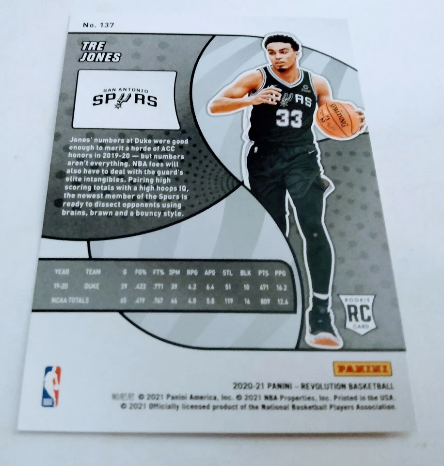 2020-21 Tre Jones Panini Revolution NBA ROOKIE Card #137 San Antonio Spurs MINT - Image 2 of 2