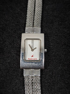 Fastrack Womens Silver Tone Tank Watch Double Mesh Chain