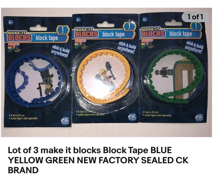 LOT OF 3 MAKE OT BLOCKS BLOCK TAPE X3 BLU YELLOW GREEN kids block tape for Legos - Image 2 of 2