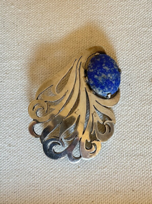 Vintage Sterling Silver Lapis Lazuli Brooch Pin Oval Stone Signed Espinosa