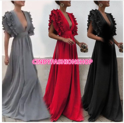 Women Sexy V Neck Chiffon Stringy Selvedge V-Neck Long Maxi Prom Party Dress P6