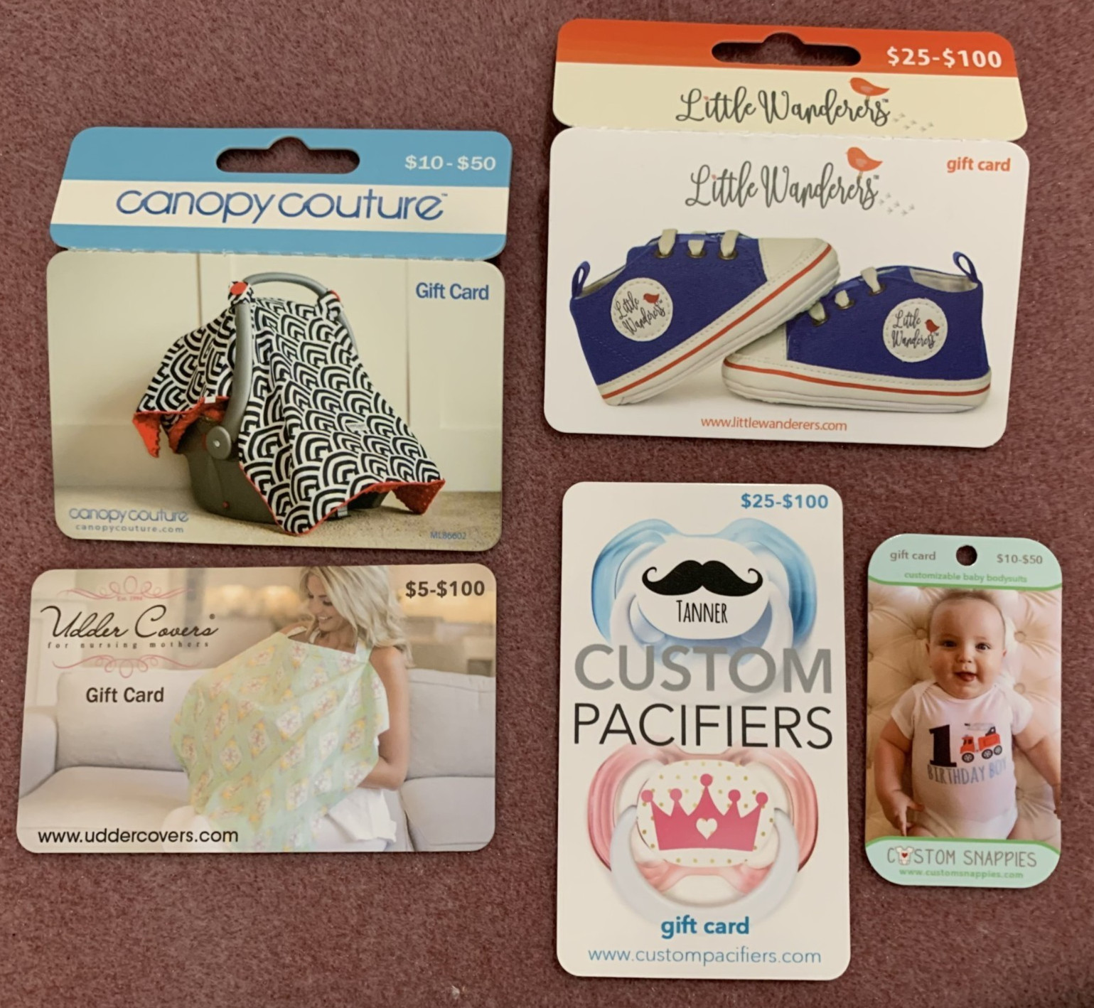 Baby $225 Gift Card Bundle of 5 Different Cards Custom Pacifiers & Snappies