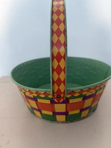 VINTAGE 1950s J. CHEIN & CO Tin EASTER BASKET Green HANDLE WEAVE Pink Orange