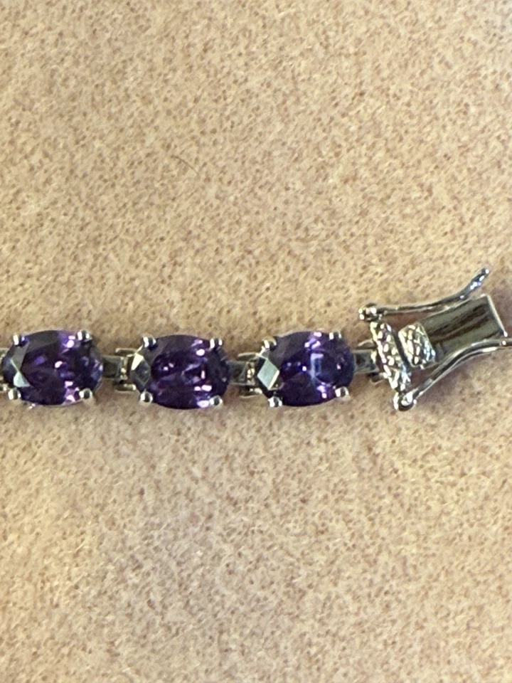 纯银椭圆形紫水晶宝石网球手链 7 1/2 — 第 3/4 张图片